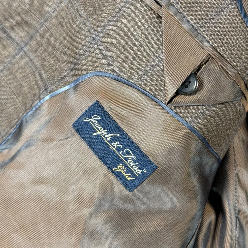 Joseph & Feiss Gold Men 44R Brown Windowpane 100% Wool Classic Fit Blazer Jacket